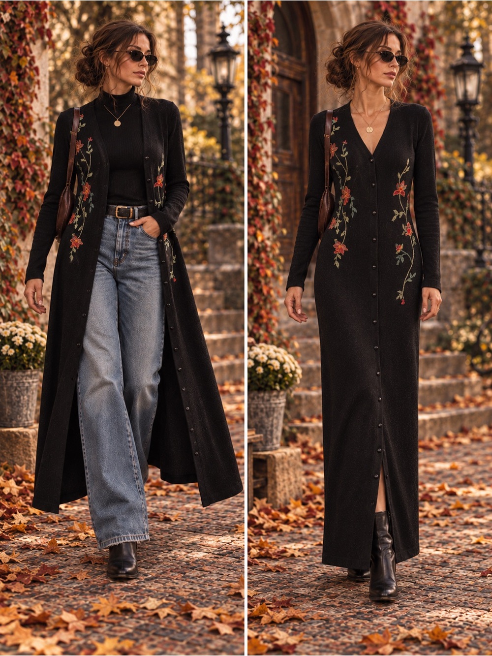 Vintage David Warren New York Black Embroidered Wool Maxi Cardigan Dress M